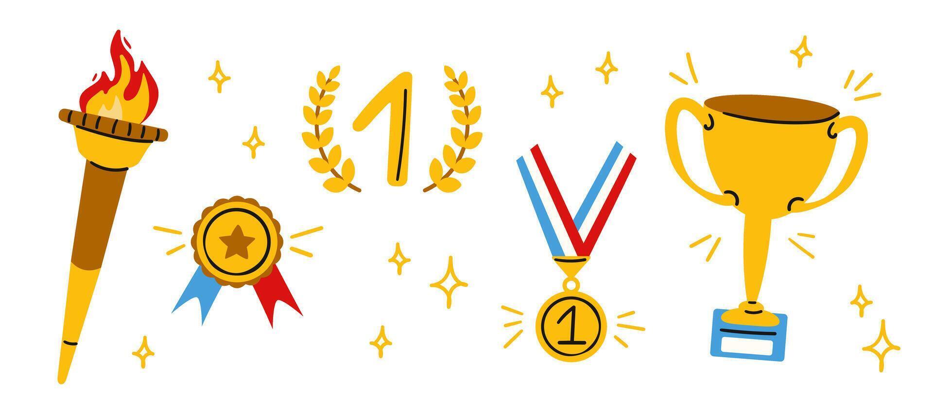 Award hand drawn elements set. Trophy cup, torch with burning fire and first place gold medal and ribbon prize. Success, sport victory. Modern illustration vector