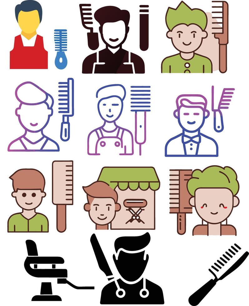 Barbershop icon set featuring barbers holding combs and scissors- vector