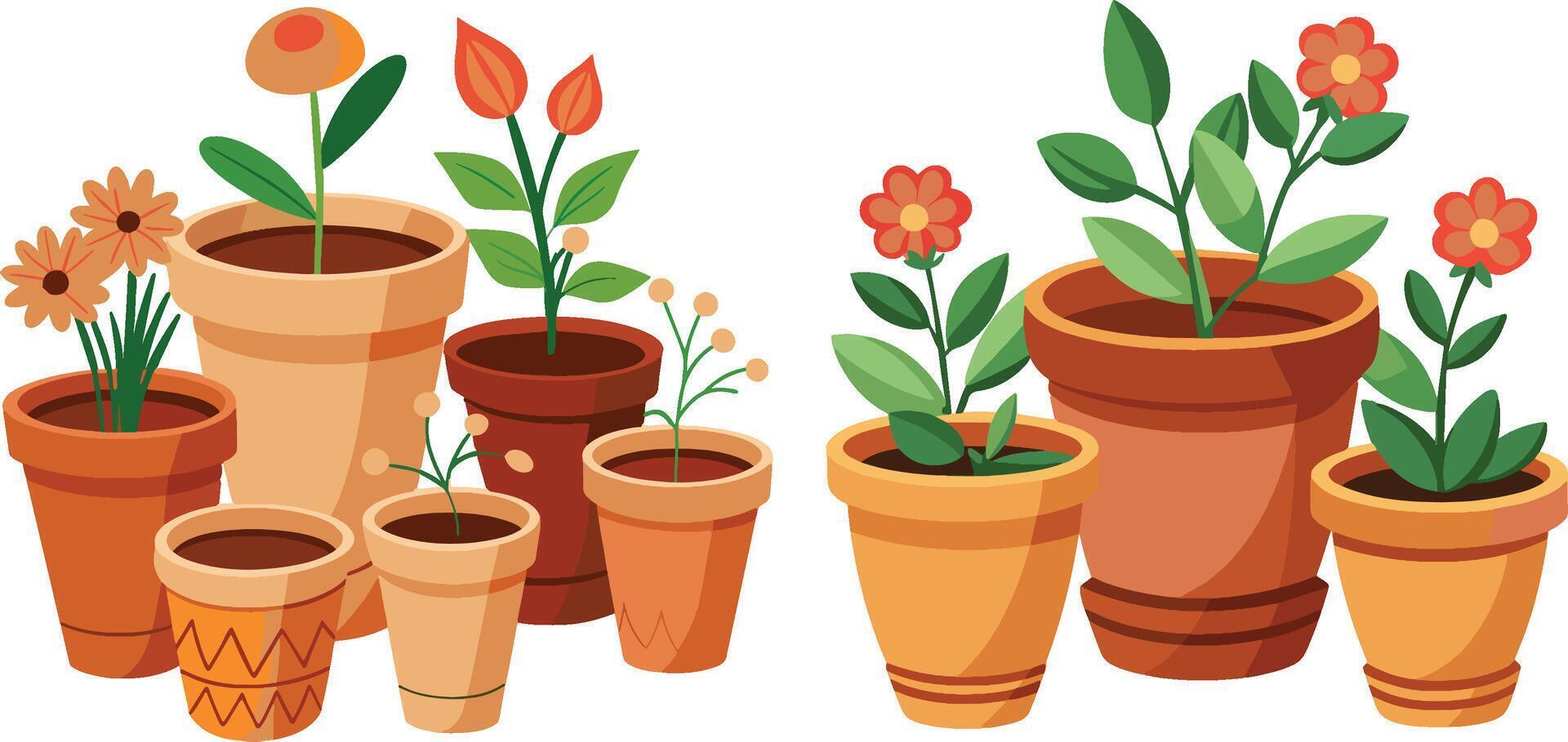terracotta pots with flowers in bloom vector