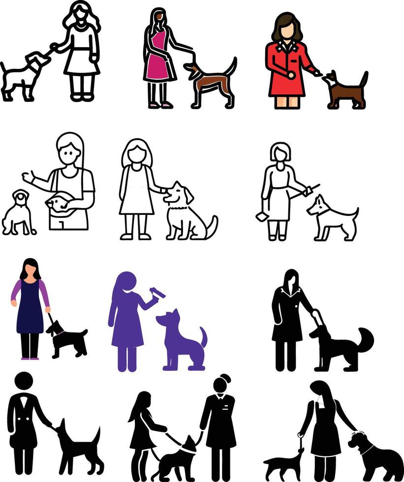 Women training their dogs in different ways icon set vector