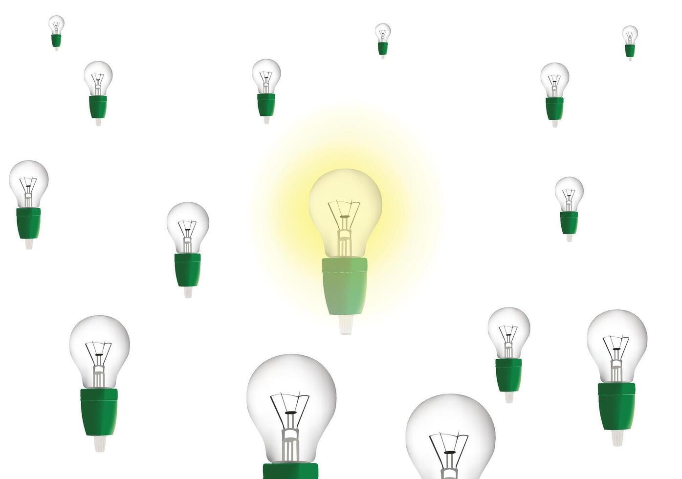 Glowing light bulb amongst unlit bulbs vector