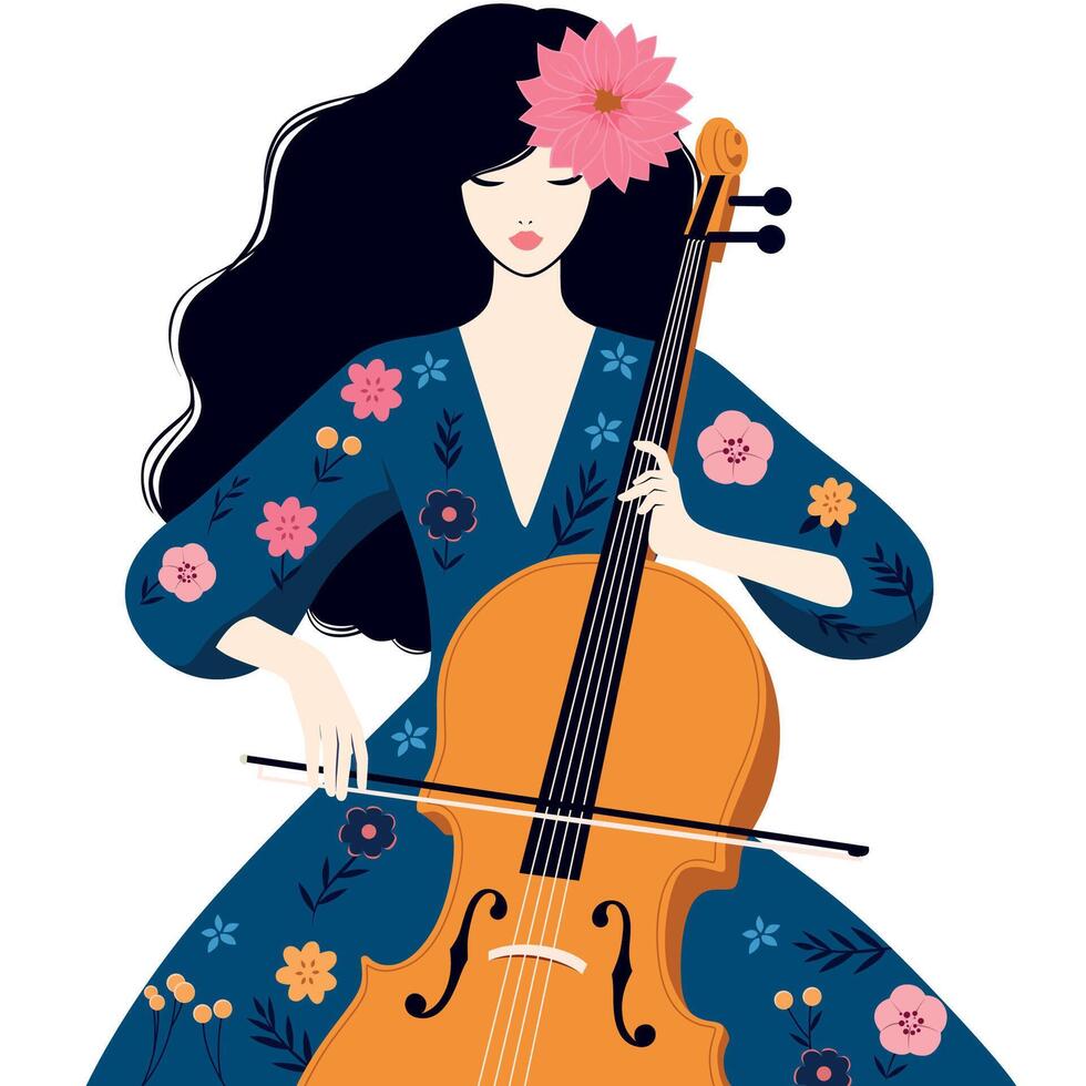 Woman Playing Cello on White vector