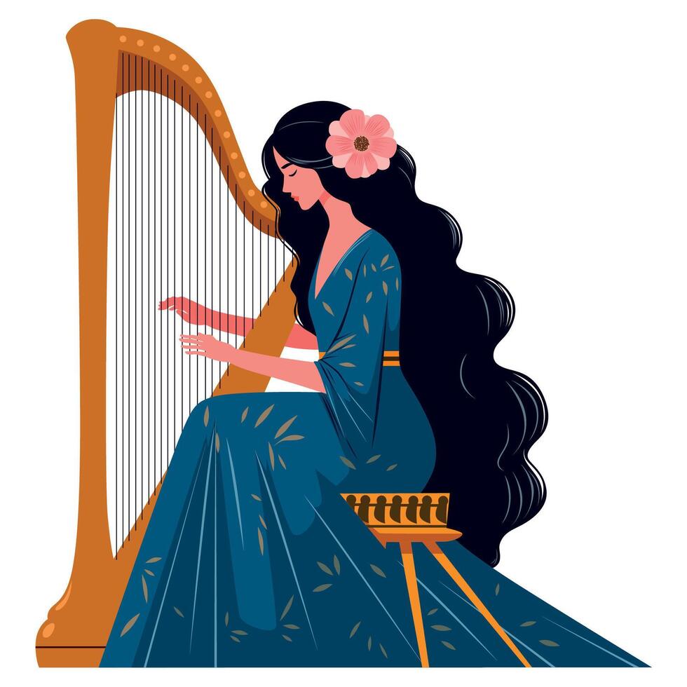 Woman Playing Harpon White vector