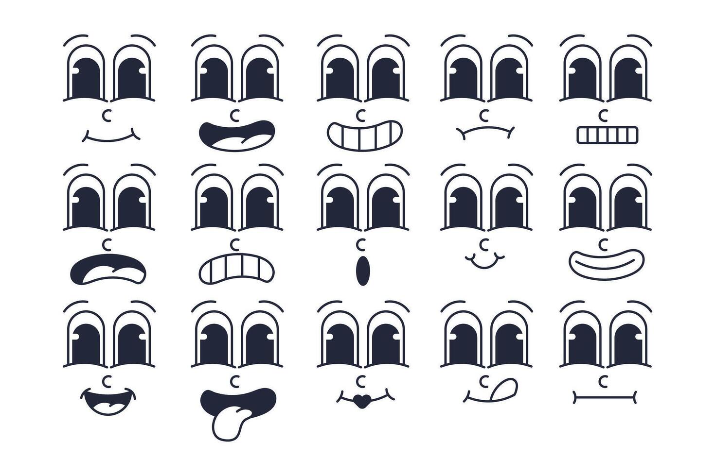 Vintage Cartoon Expressions Collection. Retro Facial Expressions Set vector