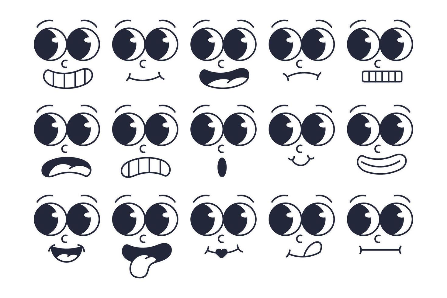 Set of Retro Cartoon Expressions Collection. Vintage Style Emoji Faces vector