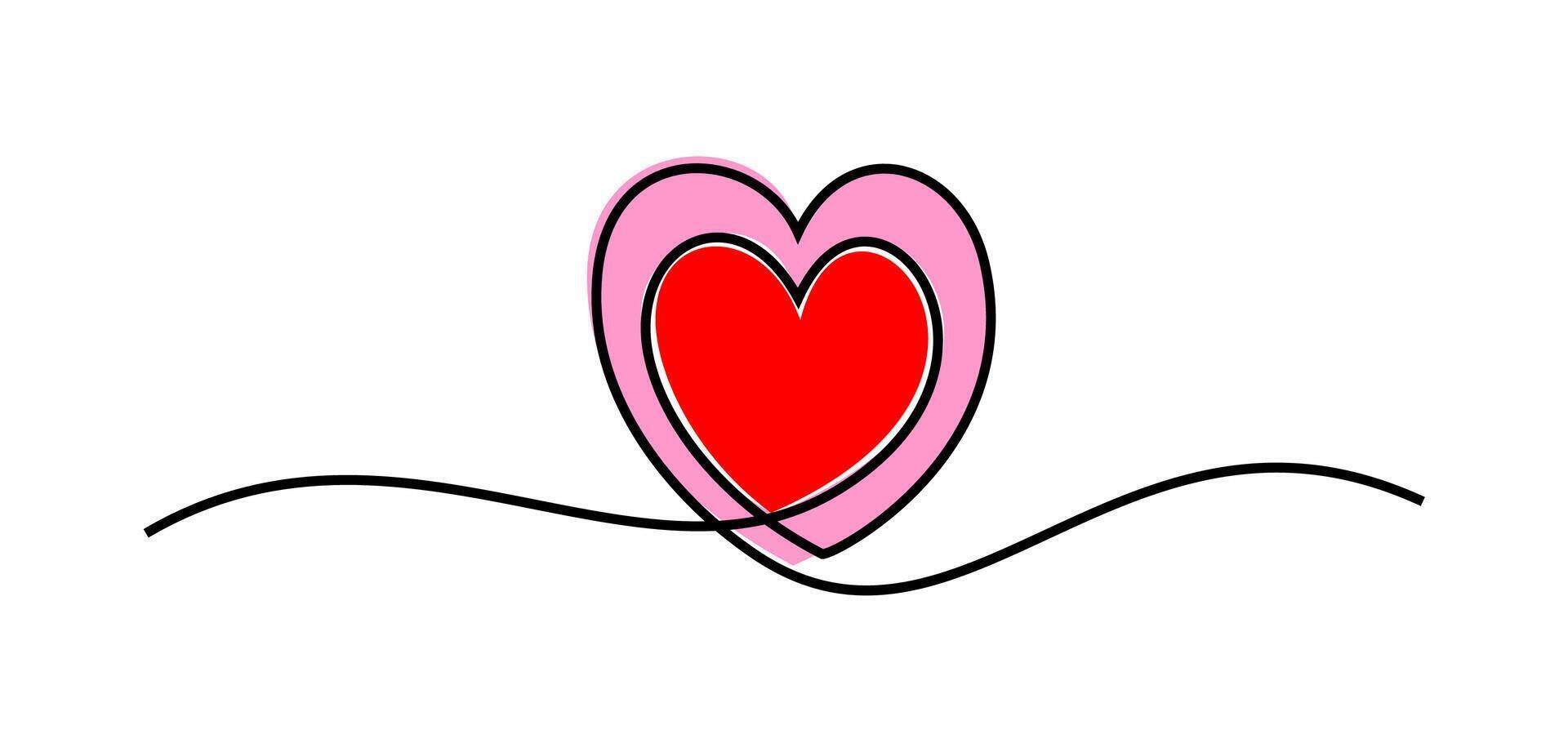 Two linked heart, continuous one line drawing. Two heart hand drawn, black and white minimalist illustration of love concept. vector