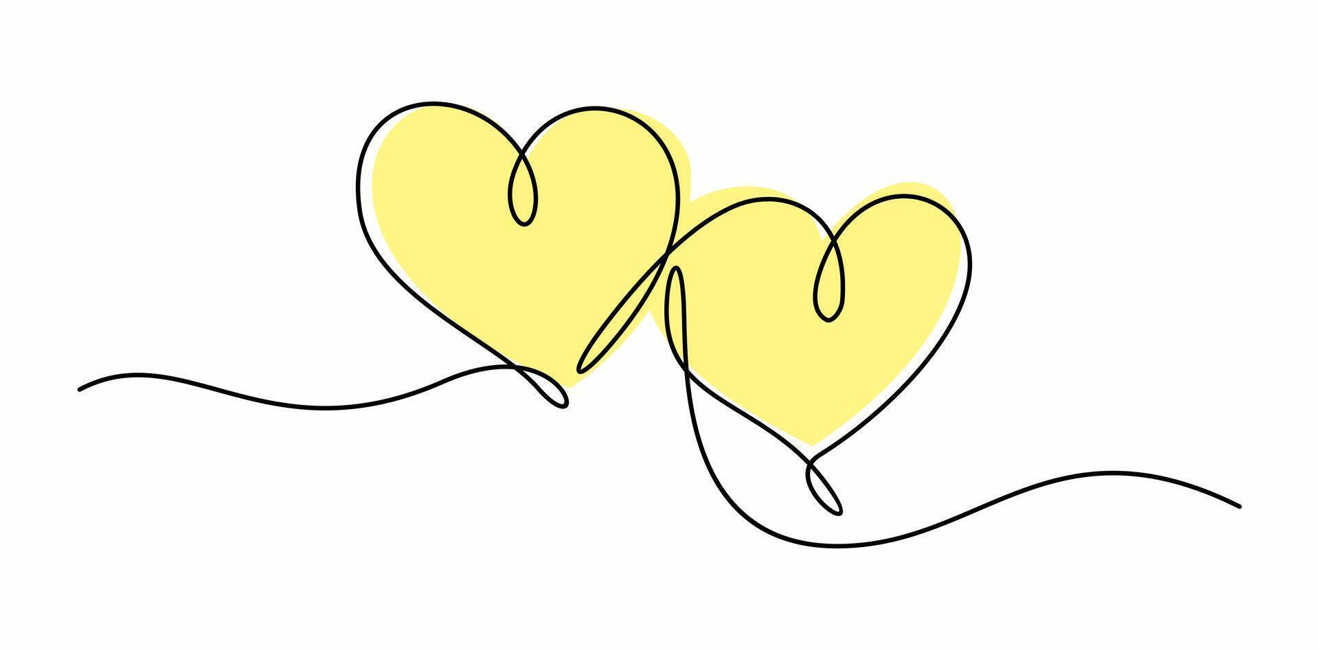 Two linked heart, continuous one line drawing. Two heart hand drawn, black and white minimalist illustration of love concept. vector