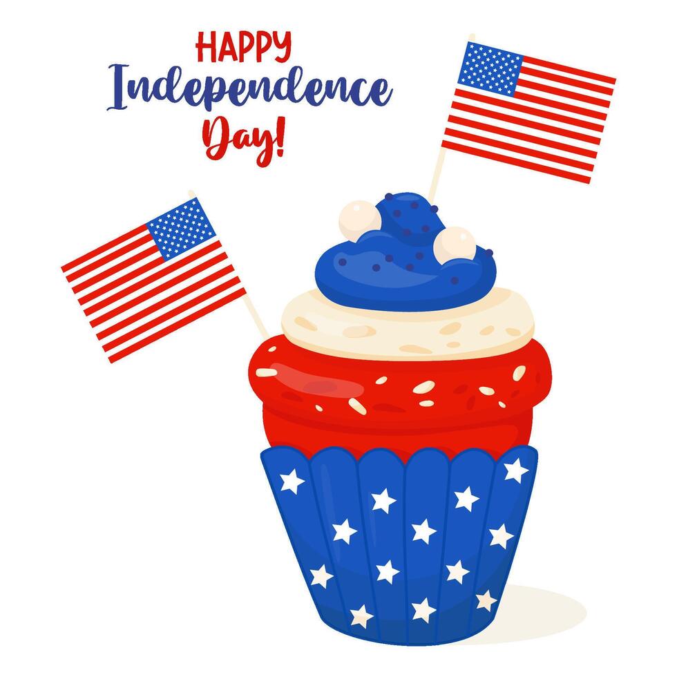 Festive sweet cupcake with colorful blue, white and red icing with American flags. Postcard Happy Independence Day. illustration in cartoon style. vector