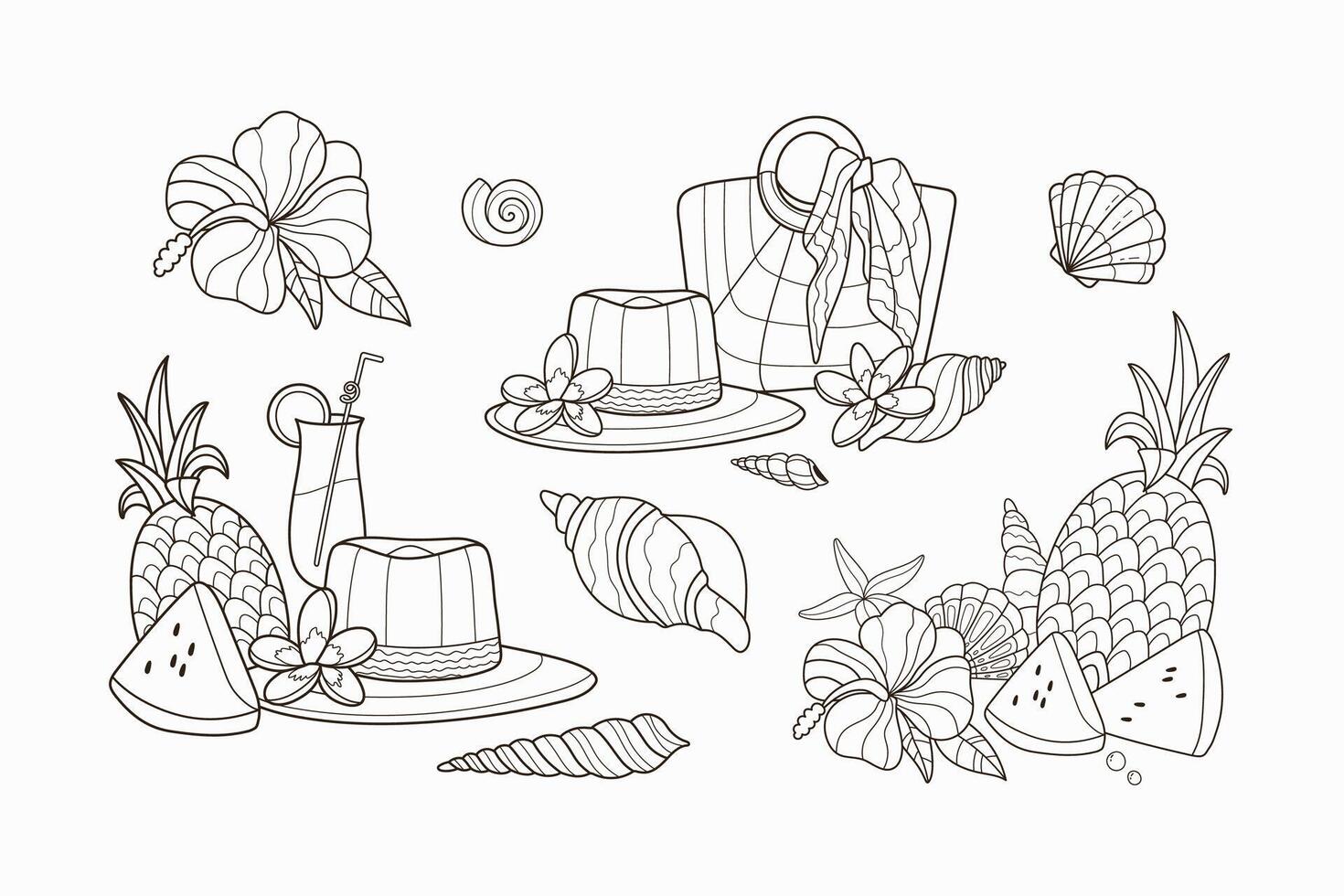 Summer vacation set. Summer beach elements, fruits, coctails, hat, seashells. line art. Coloring book antistress for children and adults vector
