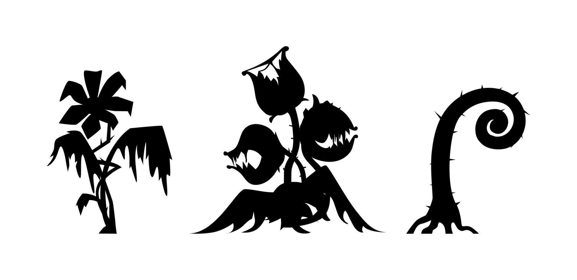 Scary monster plants black silhouettes illustrations set. Halloween decoration elements. vector