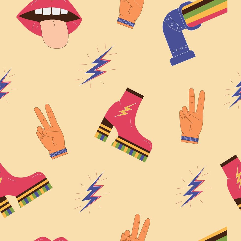 The 70s style seamless pattern with funky retro illustrations. vector