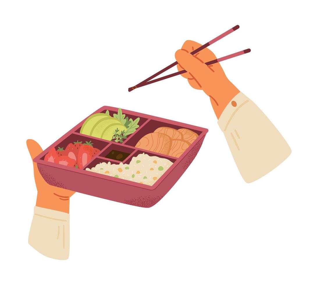 Hands holding bento box with food illustration isolated on white. Eating lunch with bamboo sticks from bento box. vector
