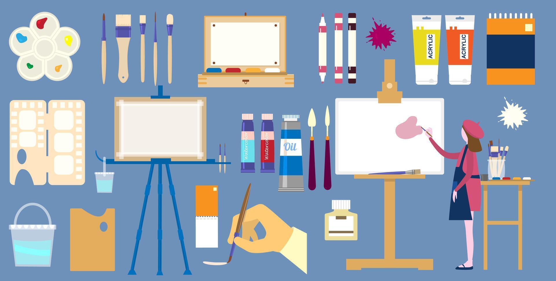 Painting and art utensils set. Easel, paints, brushes, palettes, girl painting vector