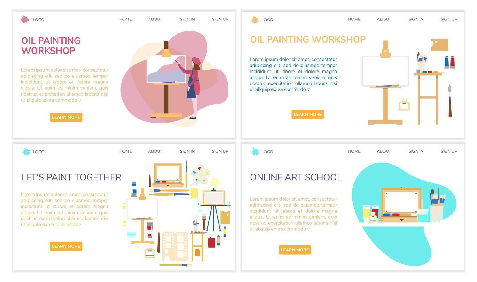 Set Of Web Page Template Designs For Art School. Art Supplies Flat Illustrations. vector