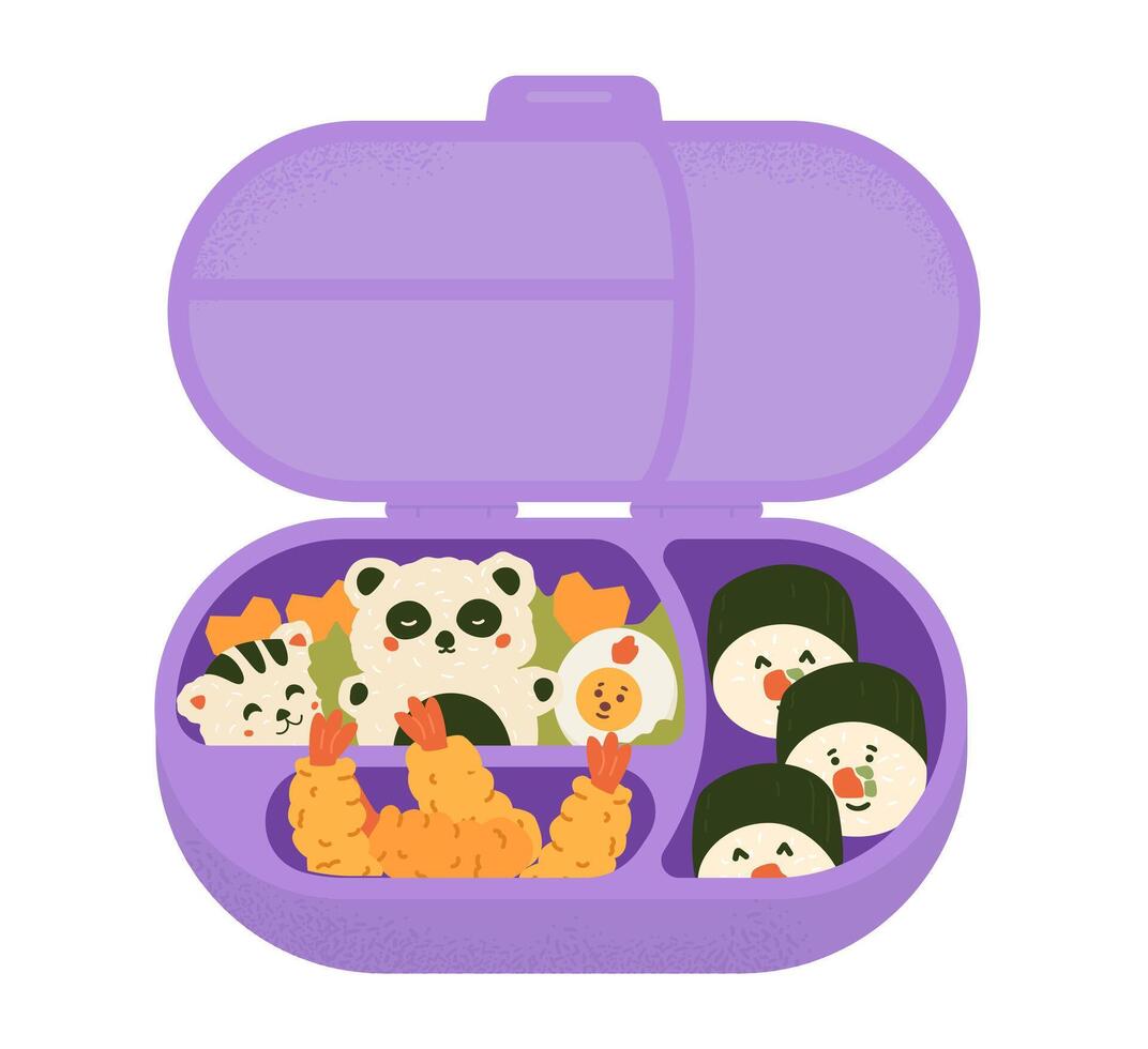 Cute kid's lunch box with fried shrimps, rolls and animals made from rice illustration isolated on white. Opened bento box with food. vector