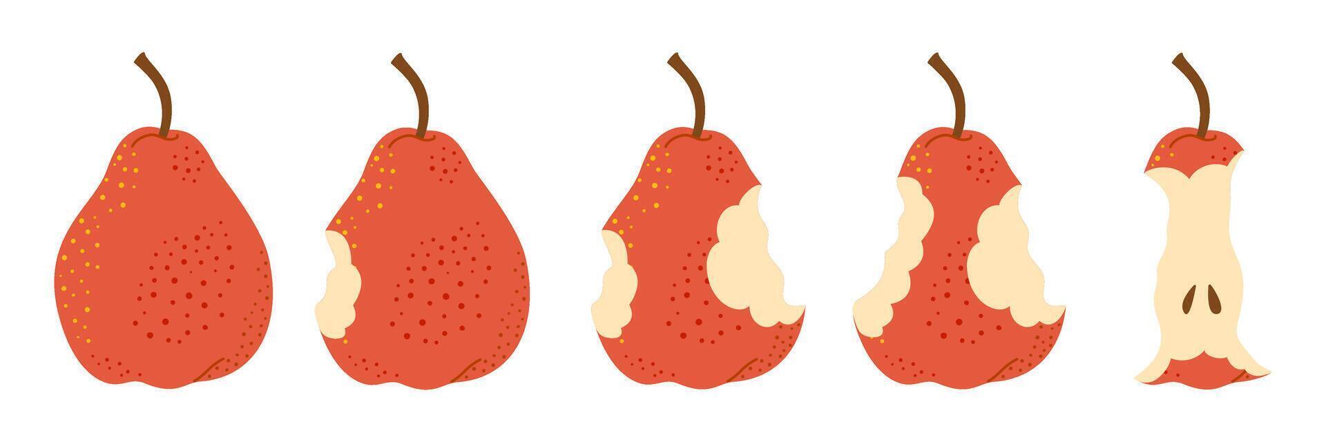 Red Pear eating steps cartoon icon set. Stages of biting red ripe pear from whole to half and core, bite progression cartoon set sequence animation of eaten fruit Trendy flat style illustration vector