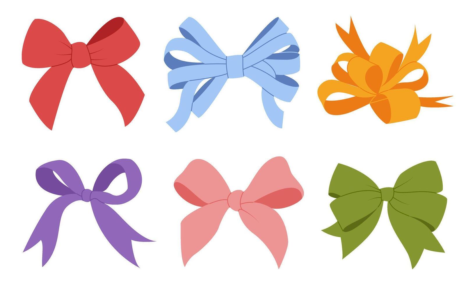 Ribbon bow set. Valentine day or wedding decorated tape bows. Cartoon elements for present, celebration and congratulation. Hand drawn trendy flat style on transparent background illustration vector