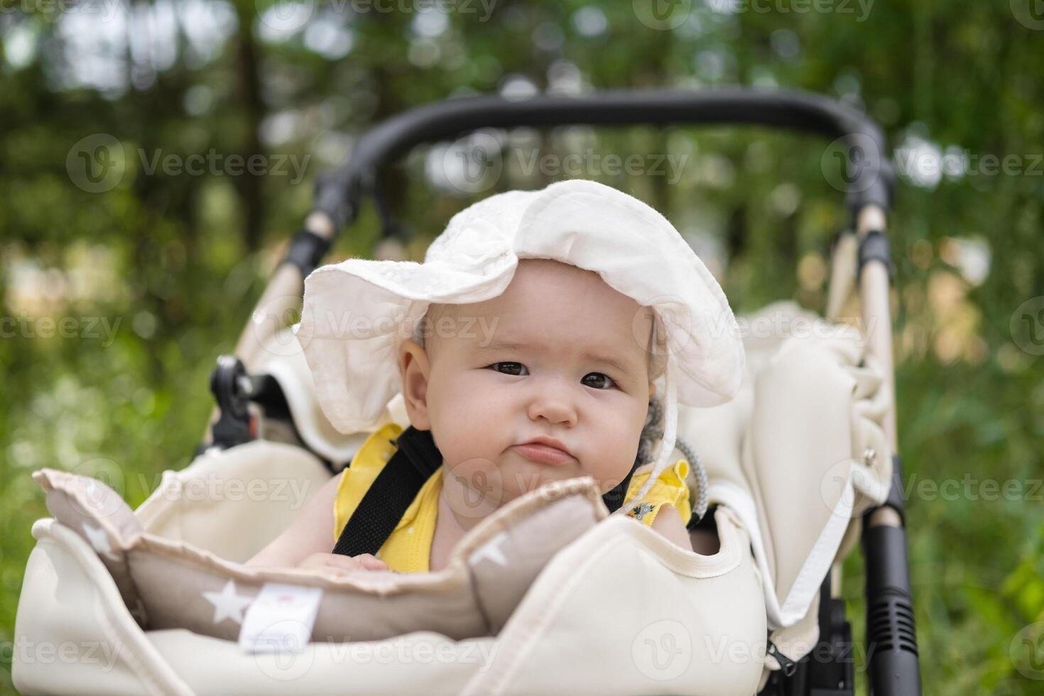 Little baby girl is sleeping in stroller photo