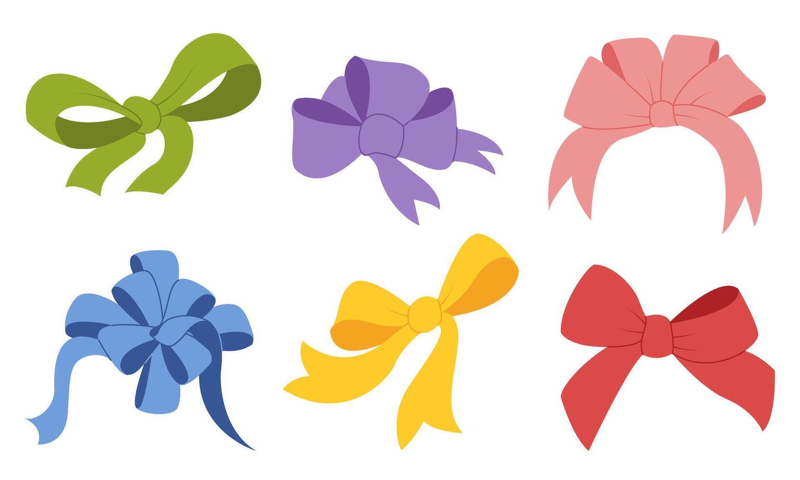 Ribbon bow set. Valentine day or wedding decorated tape bows. Cartoon elements for present, celebration and congratulation. Hand drawn trendy flat style on transparent background illustration vector