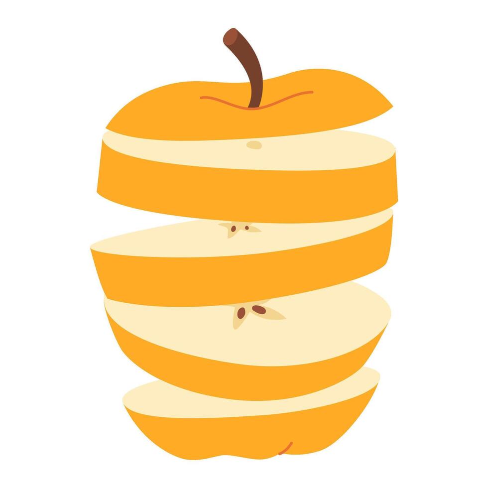 Fresh yellow chopped apple flying in the air. Slice of fresh apple. Healthy vegetarian snack, cut apple for design. Hand drawn Trendy flat style on transparent background illustration vector