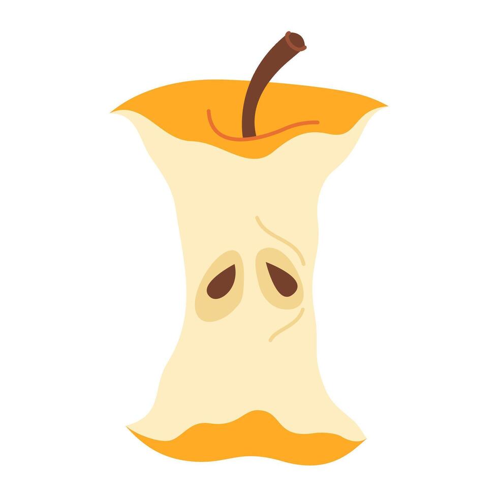 Yellow Apple Core. Hand drawn trendy flat style on transparent background. Apple eaten cartoon image art. Healthy vegetarian snack, apple stub for design, infographic illustration vector