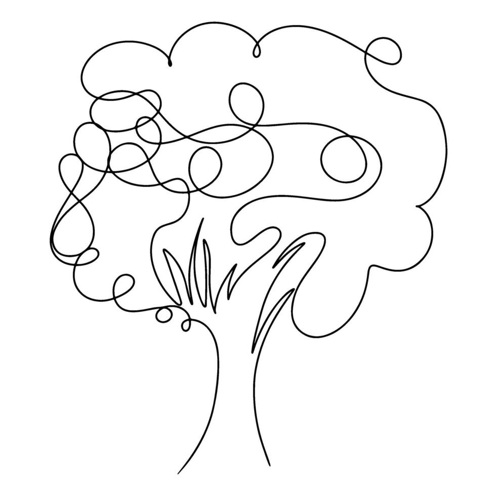Continuous one line drawing of tree. Doodle illustration vector