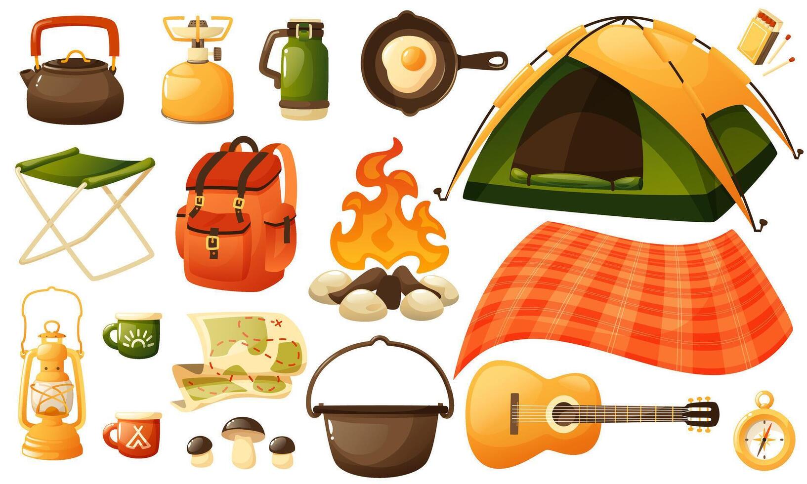 set of camping items, travel equipment. Tent, hiking backpack, guitar, camping utensils, fire, blanket. For designing designs on the theme of tourism, camping, outdoor recreation vector