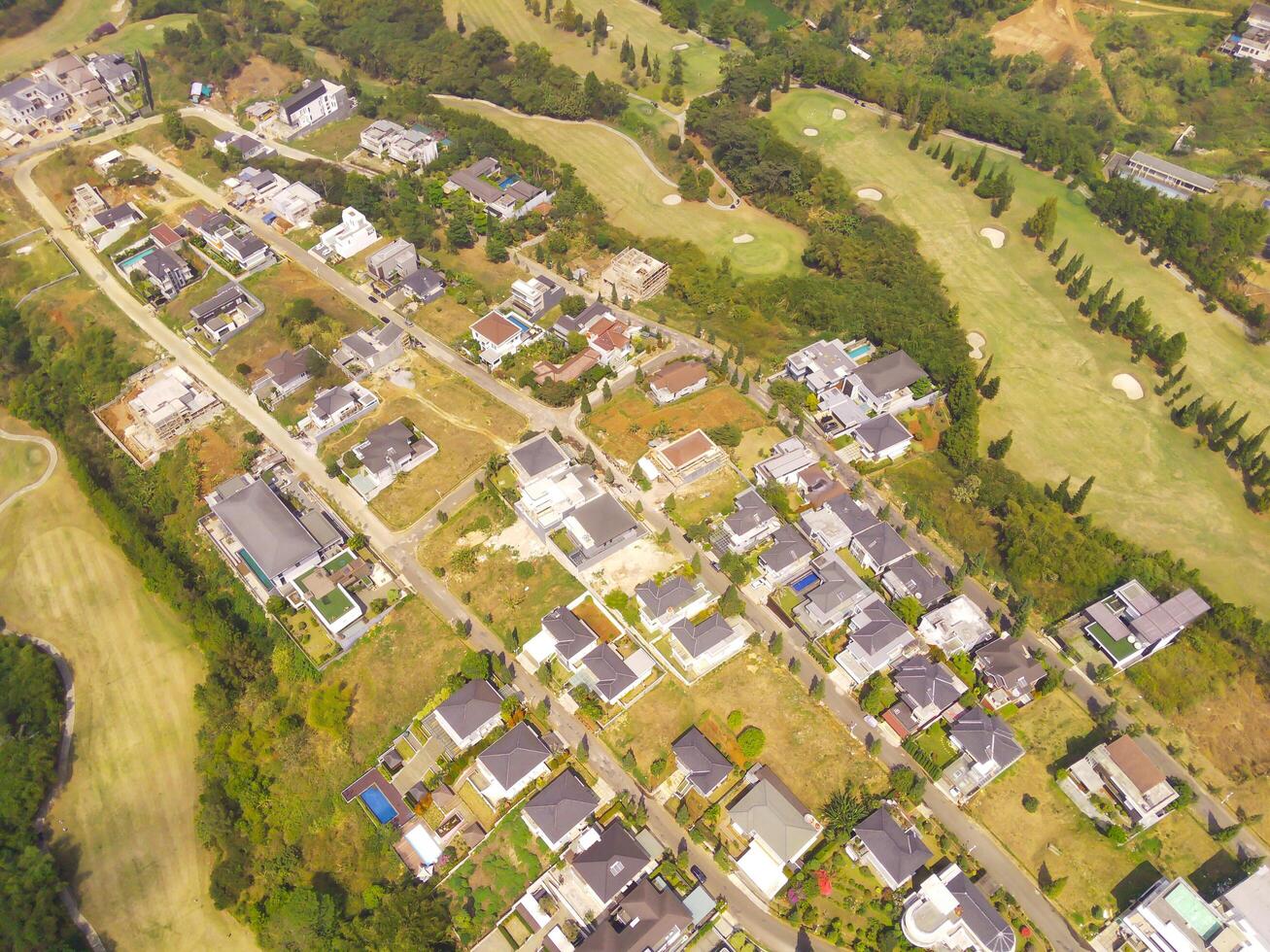 Drone Photography. Aerial Landscape Downtown district in Bandung City - Indonesia. Aerial Photography City settlements. Cityscape view. Top of the mountain photo