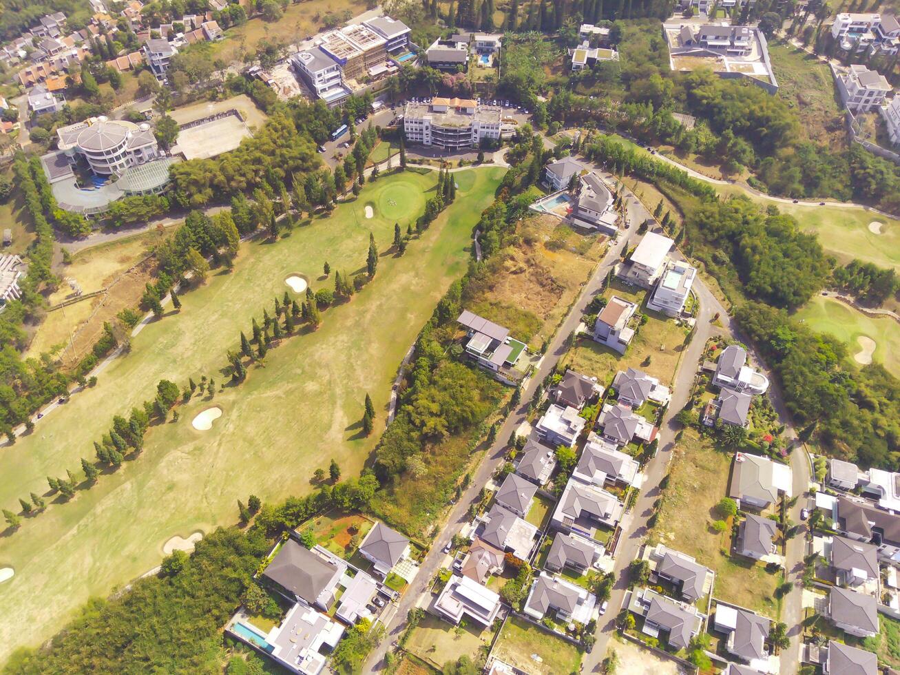 Drone Photography. Aerial Landscape Downtown district in Bandung City - Indonesia. Aerial Photography City settlements. Cityscape view. Top of the mountain photo