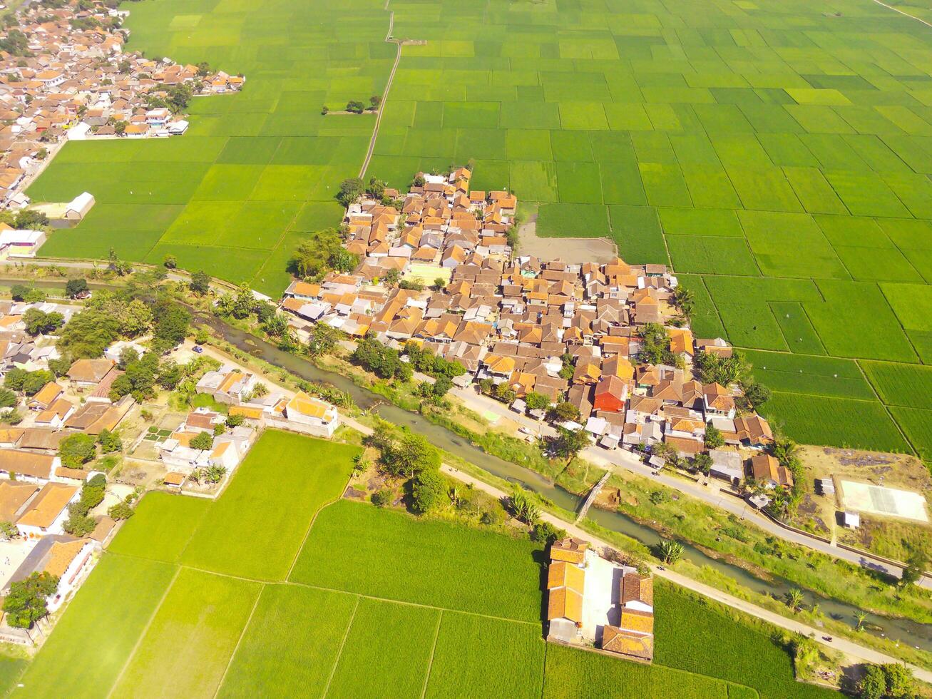 Aerial Photography. Aerial Drone view of landscape view of residential district on the edge of rice fields in Gunung Pangradinan, Cikancung - Bandung, Indonesia. View of the residential district photo