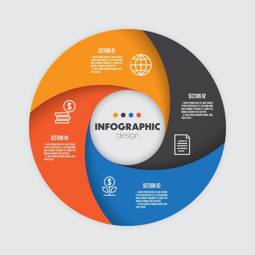 Circular diagram divided into six colorful sections with icons representing startup development strategies. vector