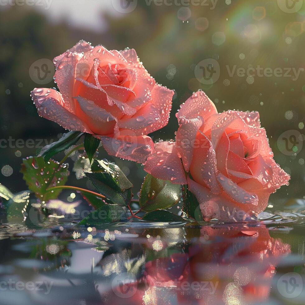 two pink roses are reflected in the water photo