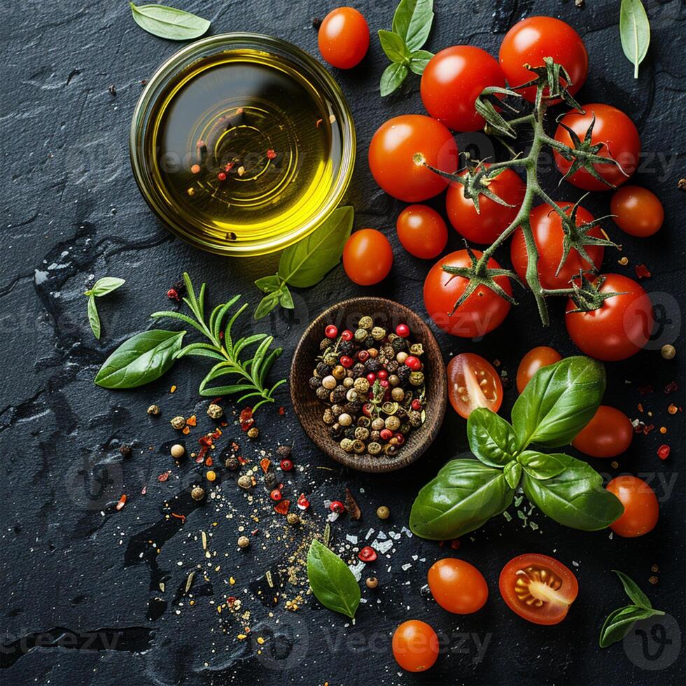 tomatoes, basil, olive oil and spices on a black background photo