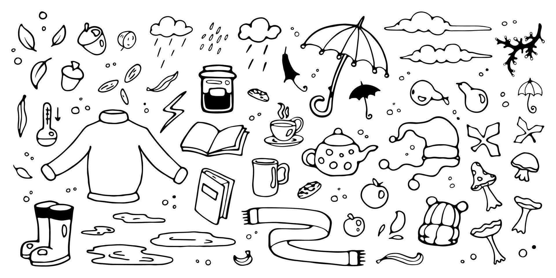 Autumn doodles and drawings with seasonal objects and food, fall weather, leaves, decorations. illustration set. vector