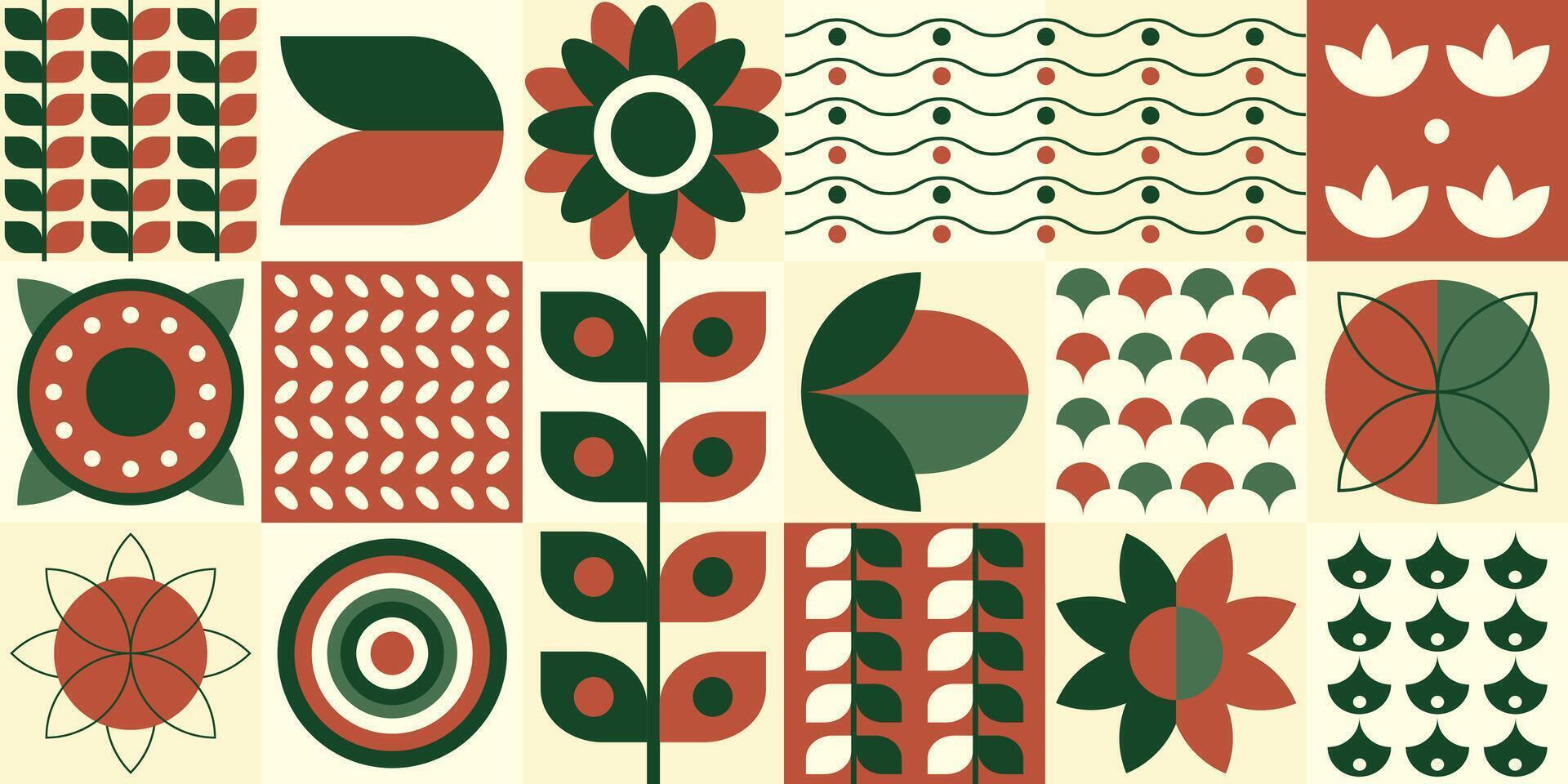 Bauhaus plants in a flat style, tiles pattern design, wallpaper with petals, leaves, geometric forms and shapes. illustration. vector