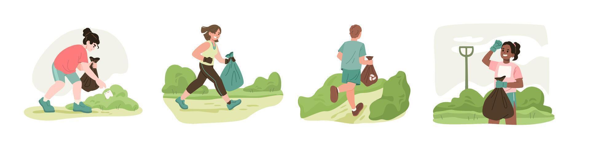 People picking up litter in park. vector