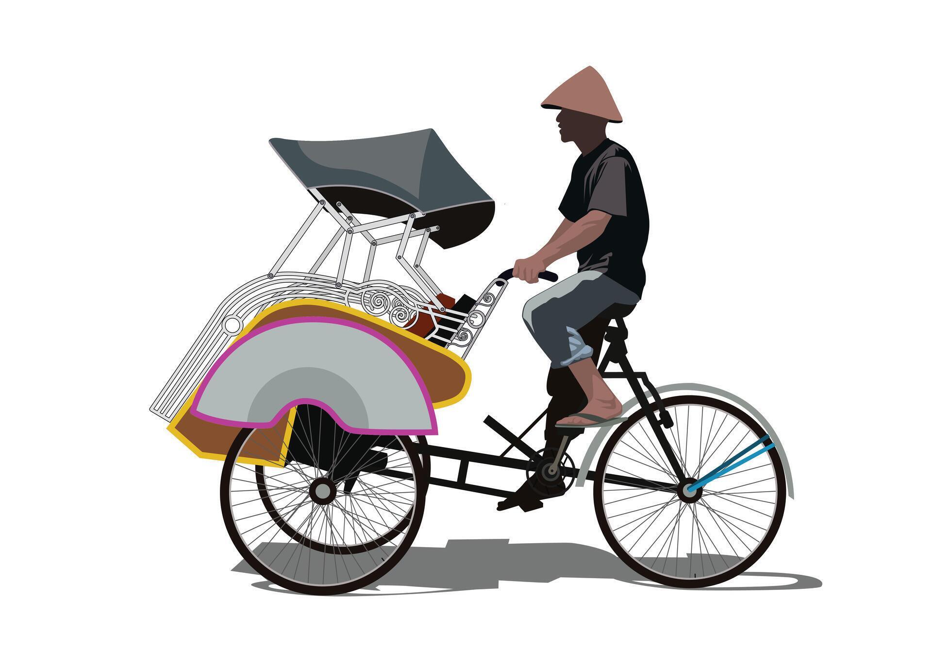 Rickshaw becak yogyakarta. A man riding tricycle illustration. Isolated ...