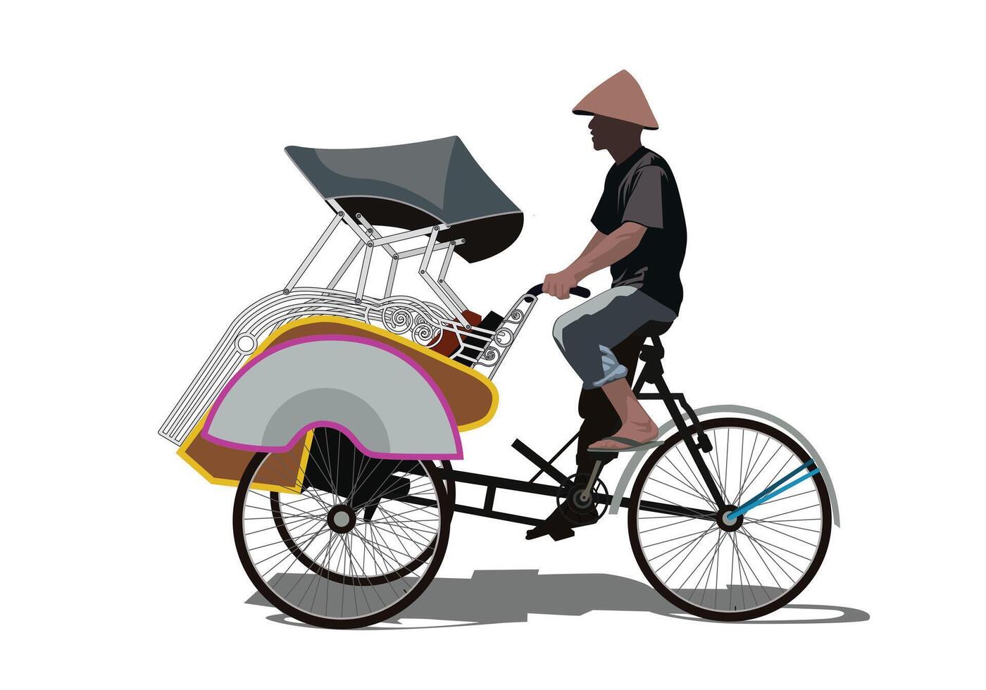Rickshaw becak yogyakarta. A man riding tricycle illustration. Isolated object on white background. vector