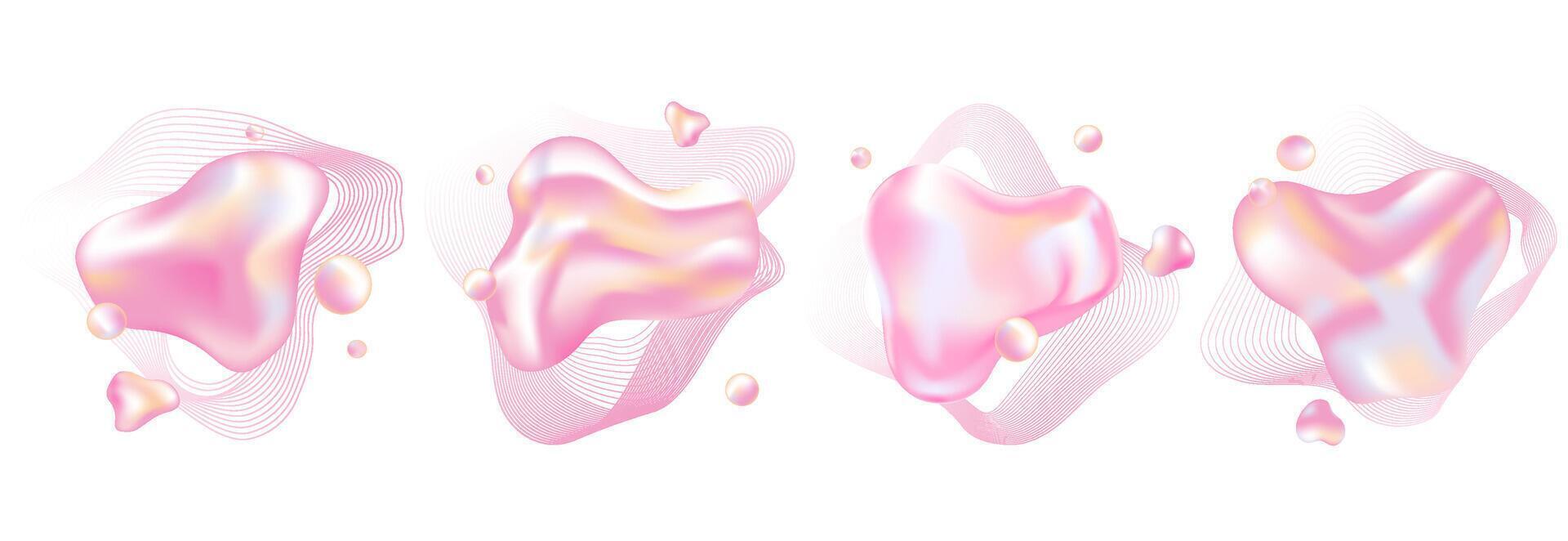 liquid glossy holographic 3d abstract shapes set of design elements, frames for text, emblems. Fluid shape bubbles with pink delicate tints.Abstract liquid splash illustration vector