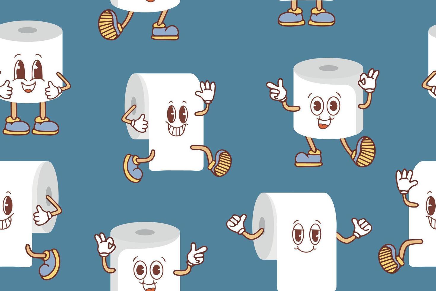 Seamless pattern with cute cartoon toilet paper rolls with faces in Kawaii style. vector