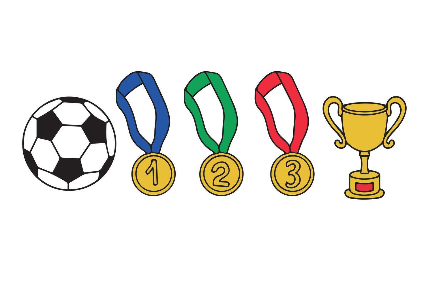 Football victory celebration concept. illustration of a soccer ball with a golden cup and medals in doodle style. vector