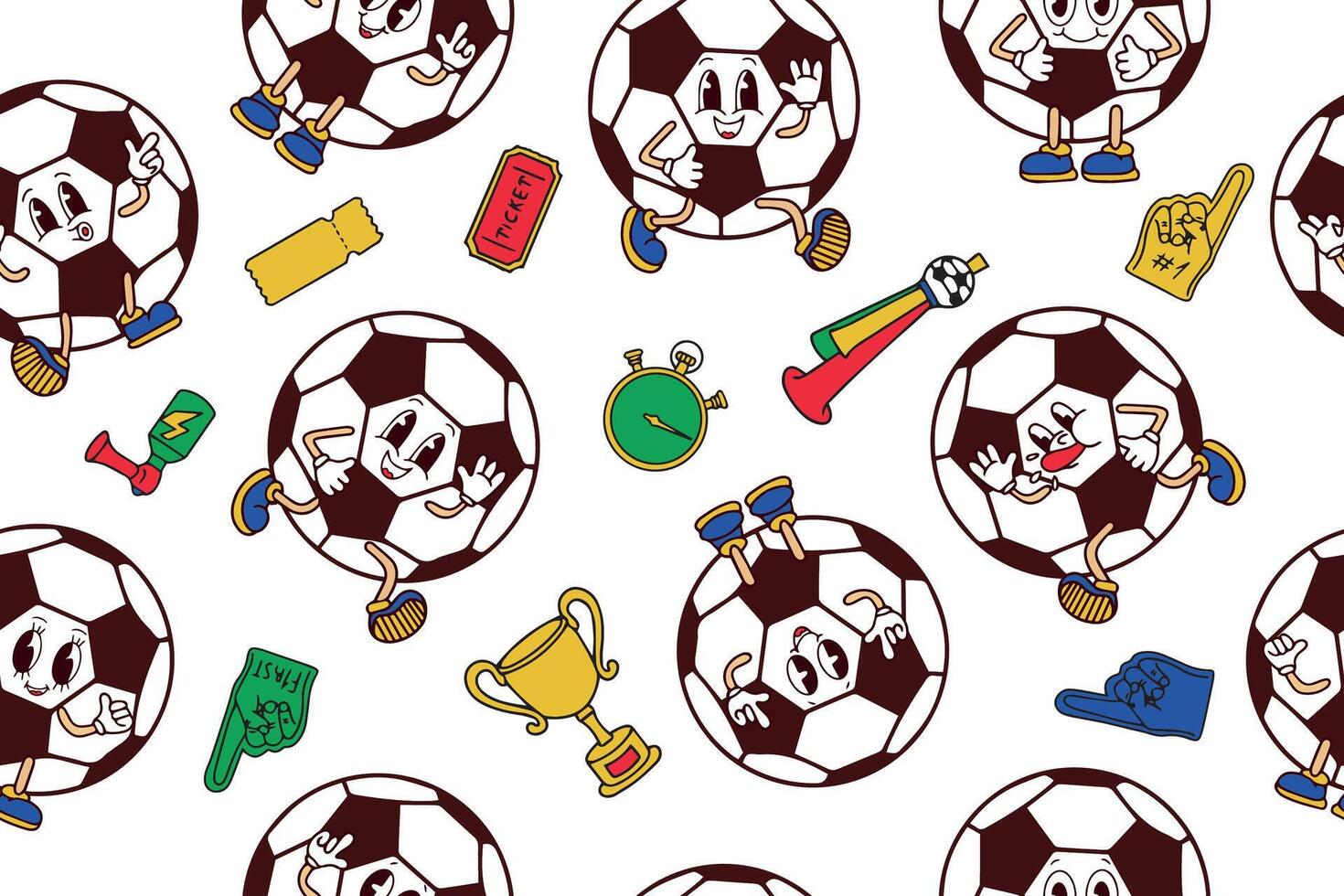 Seamless pattern of cute Funny happy soccer ball characters and football and fans attributes. Hand drawn kawaii cartoon characters. vector