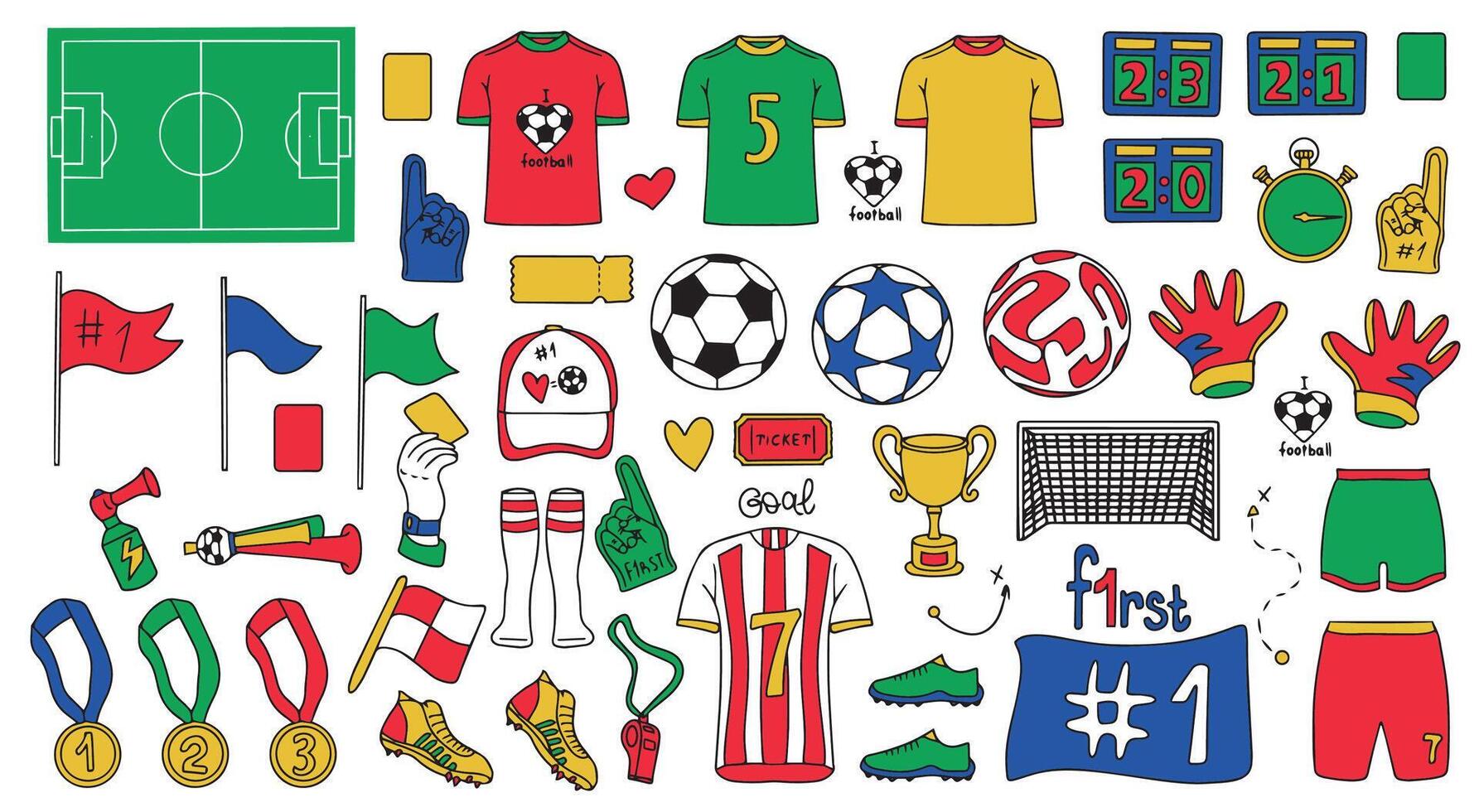 Set of football, sports, soccer icons. Doodle soccer or soccer objects. Hand drawn outline for banner, poster, advertisement. vector