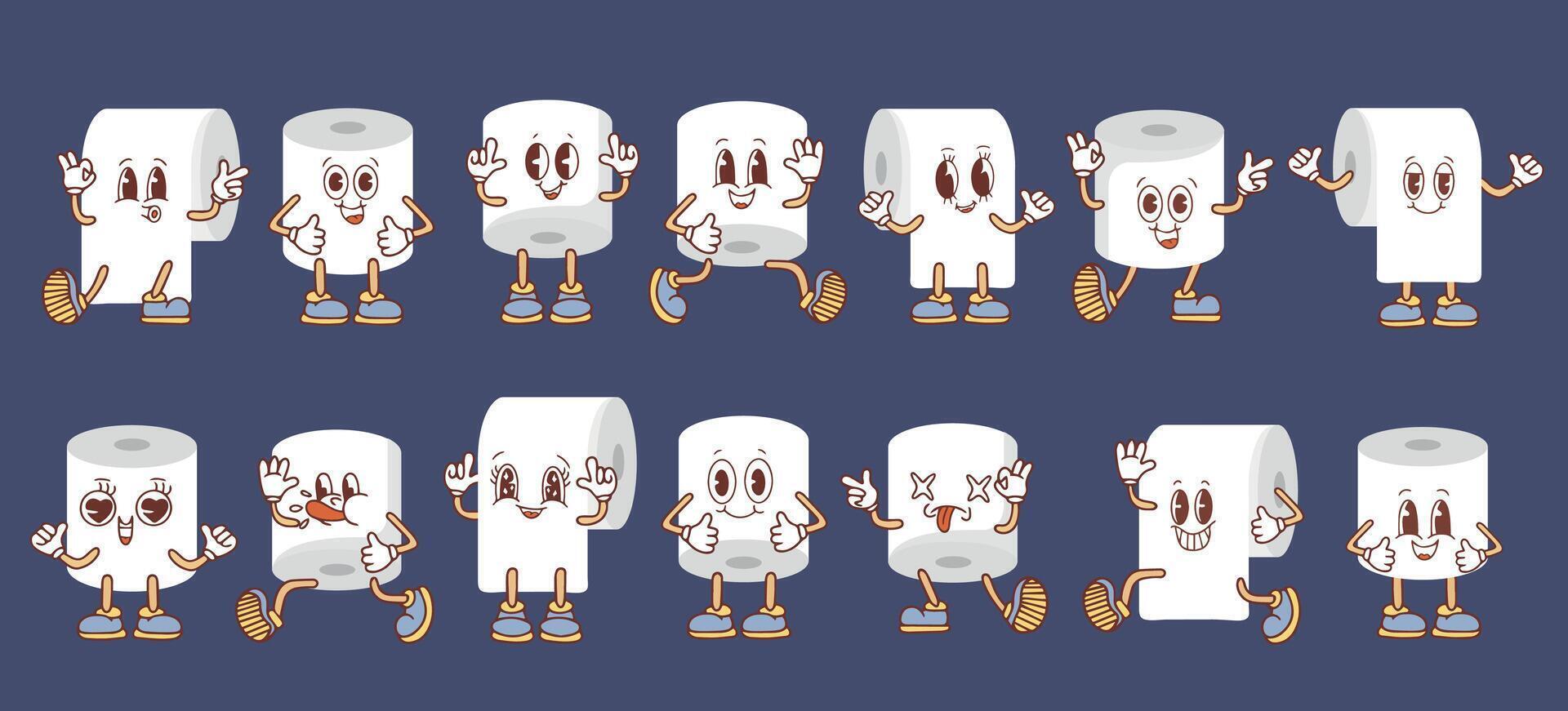 Set of toilet paper rolls in different positions in kawaii style. Toilet and bathroom element. Hygiene and sanitation. Cartoon flat illustration. illustration vector