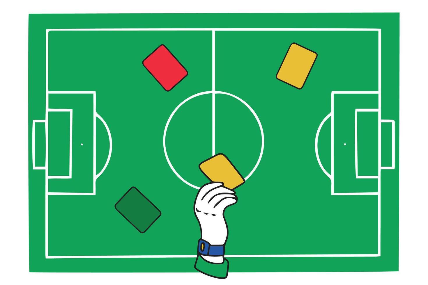 Football cards yellow, red, green in hand. The hand of a football referee holds a yellow card. A set of cards of different colors on the background of a football field. Doodle style. vector