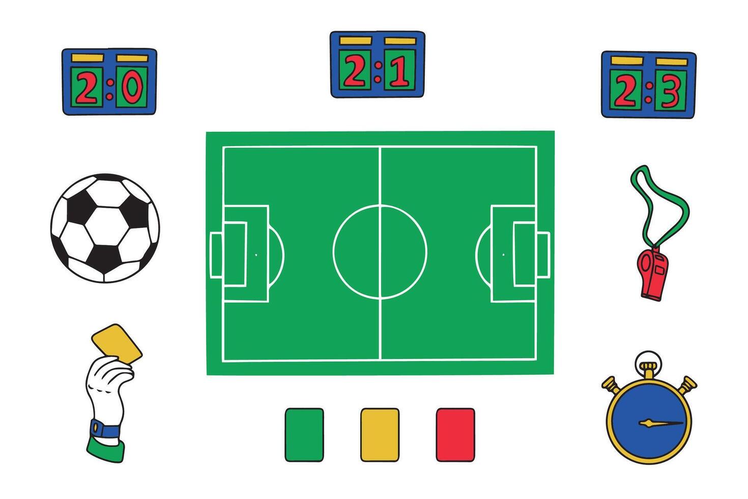 Set of icons of football items and attributes near the football field. Dood style. . illustration vector