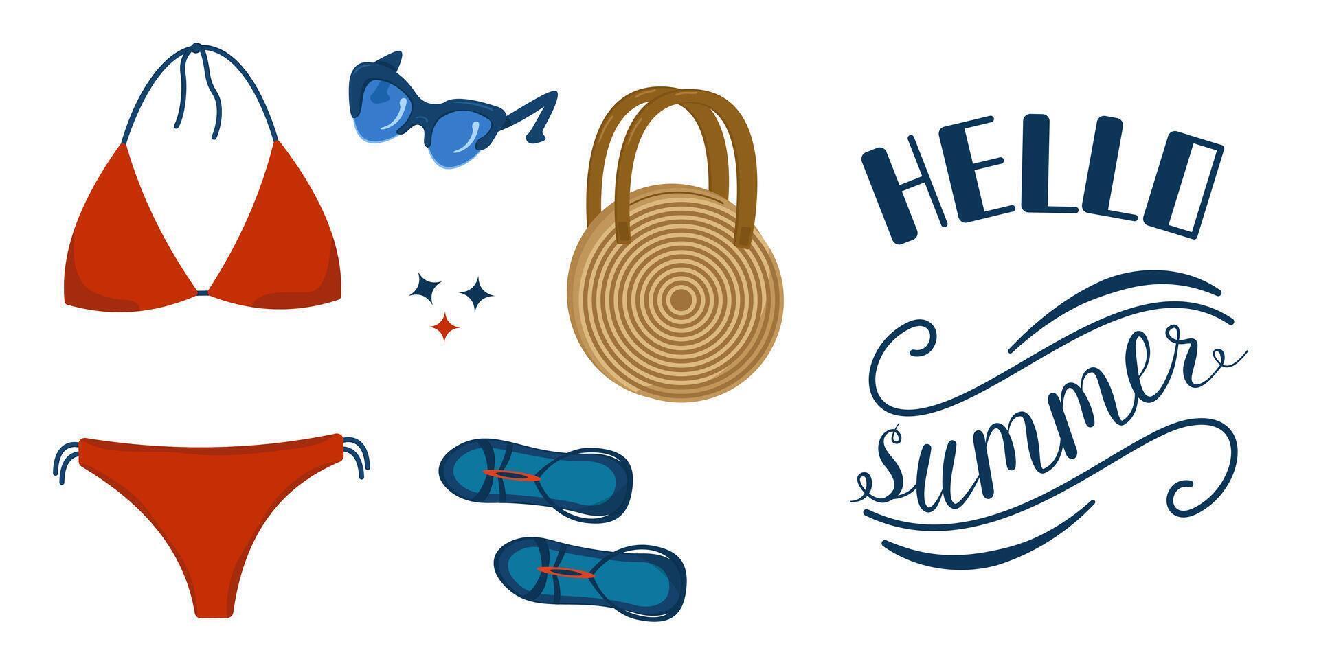set of summer clothes and accessories. Hello summer. Color illustration of bikini, summer bag and sunglasses. Summer beach fashion. vector