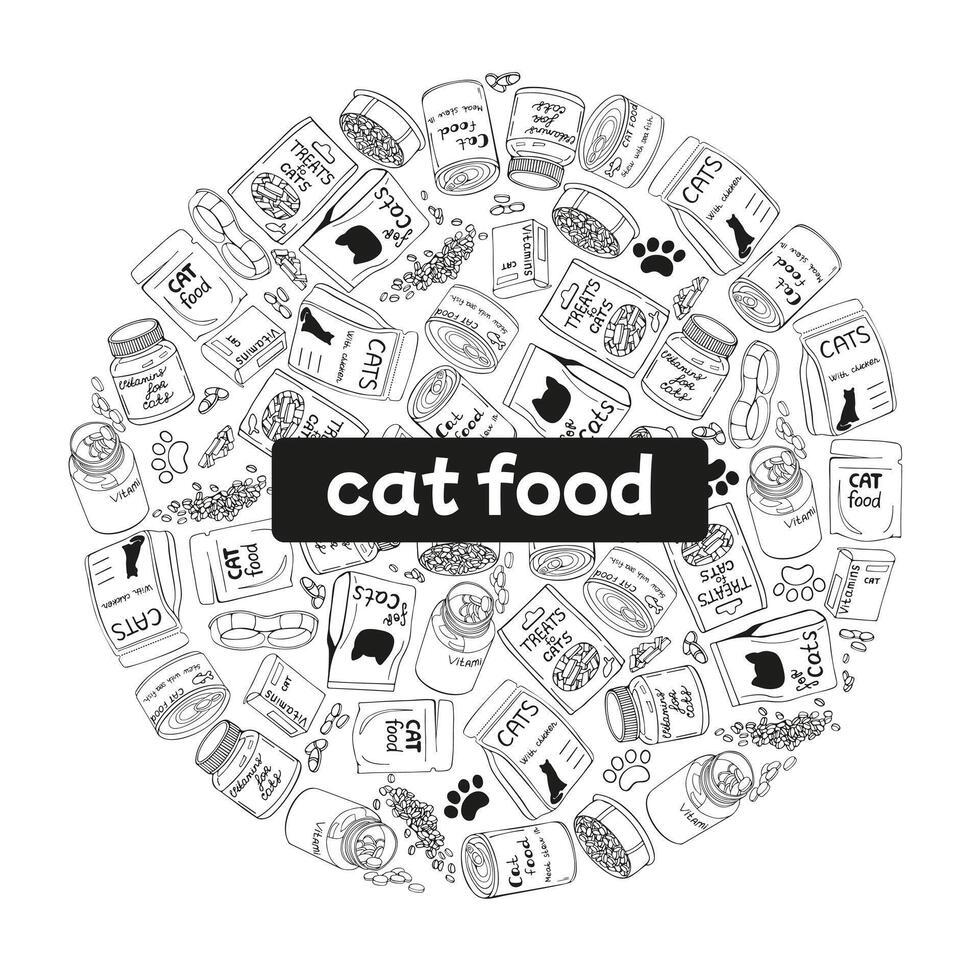 set of Cat Food in the shape of a circle in doodle style. Image of pet food. vector