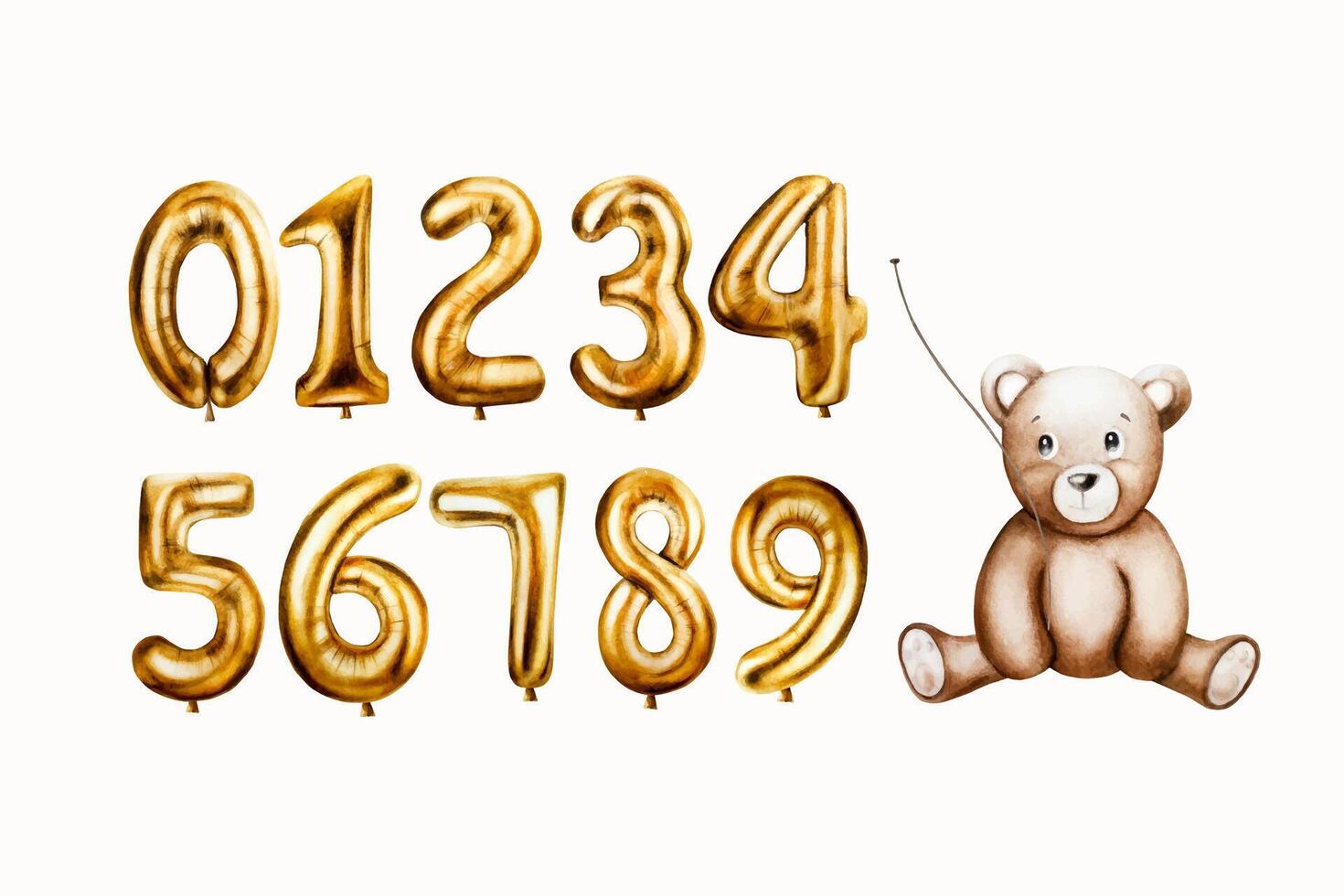Watercolor cute cartoon teddy bear with golden foil balloon numbers digits 0-9. Hand drawn birthday party numbers zero, one, two, three, four, five, six, seven, eight, nine for decoration isolated vector