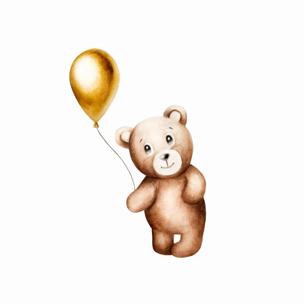 Watercolor cute cartoon teddy bear with golden foil balloon on a string. Hand drawn baby illustration isolated on white background. Lovely toy for baby and kids new born celeb vector
